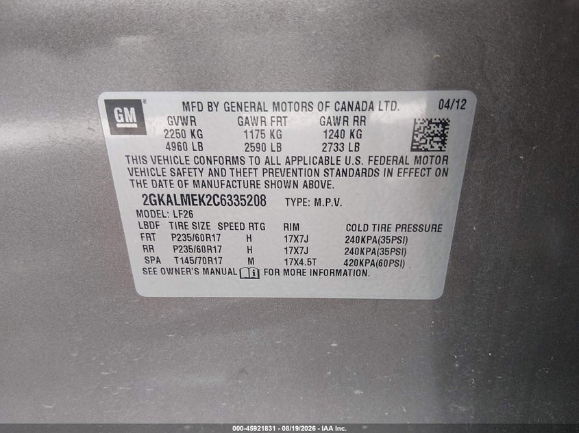 GMC TERRAIN 2012 VIN 2GKALMEK2C6335208