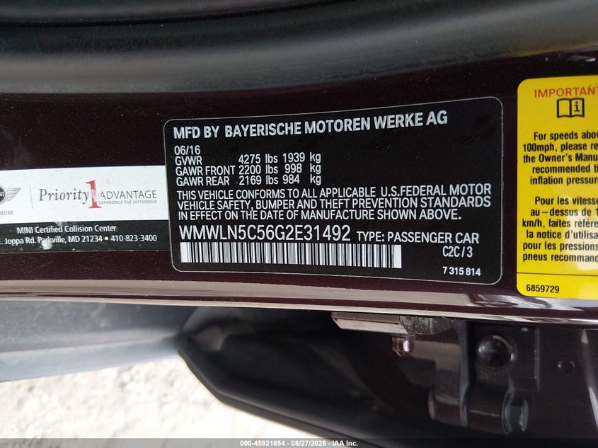 MINI CLUBMAN 2016 VIN WMWLN5C56G2E31492
