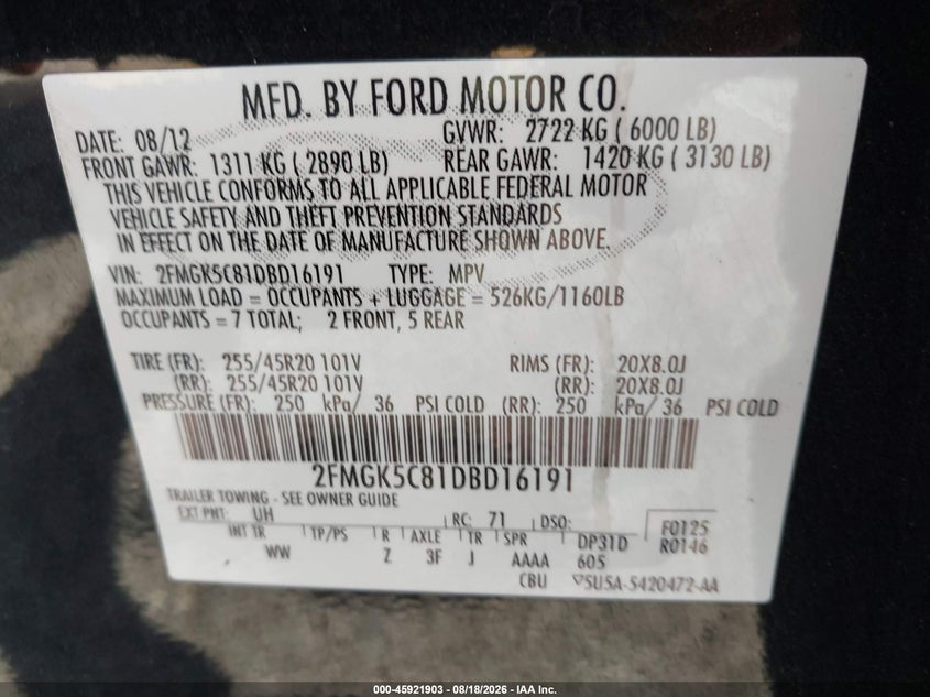 FORD FLEX 2013 VIN 2FMGK5C81DBD16191