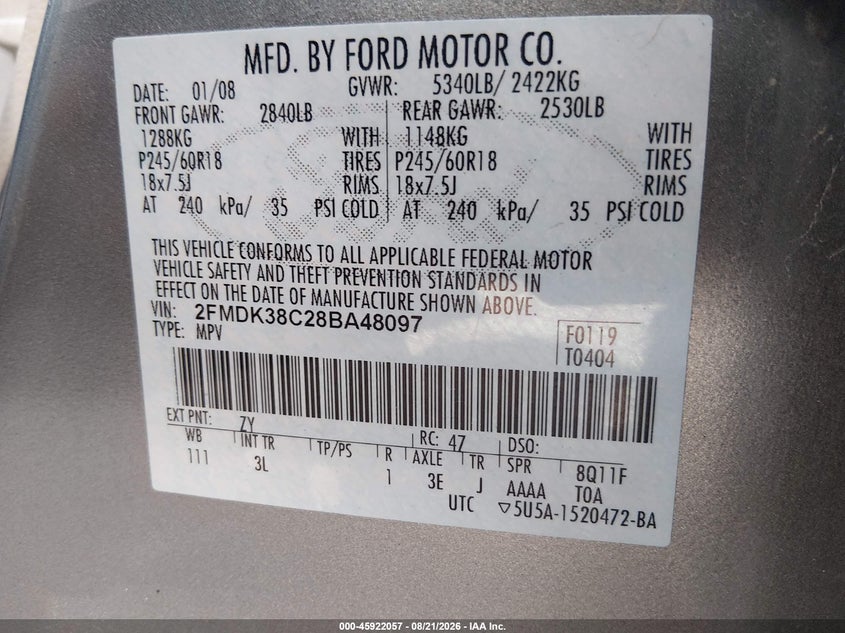 FORD EDGE 2008 VIN 2FMDK38C28BA48097