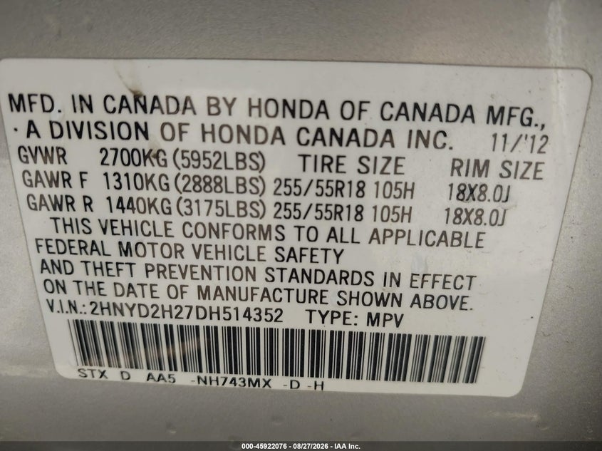 ACURA MDX 2013 VIN 2HNYD2H27DH514352