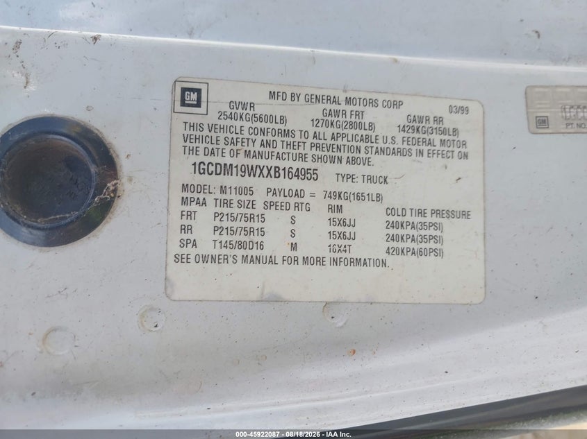 CHEVROLET ASTRO 1999 VIN 1GCDM19WXXB164955