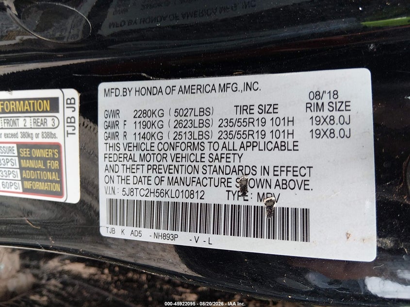 ACURA RDX 2019 VIN 5J8TC2H56KL010812