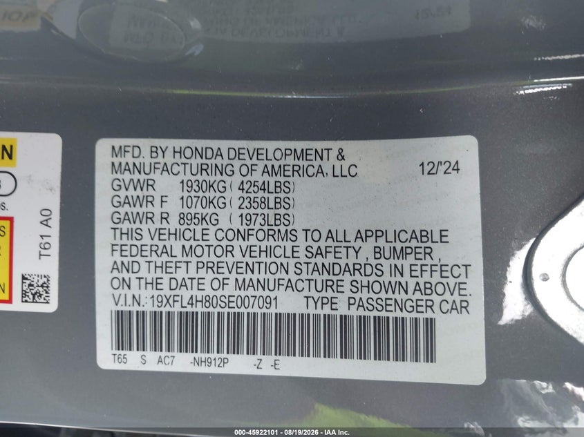 HONDA CIVIC HYBRID 2025 VIN 19XFL4H80SE007091