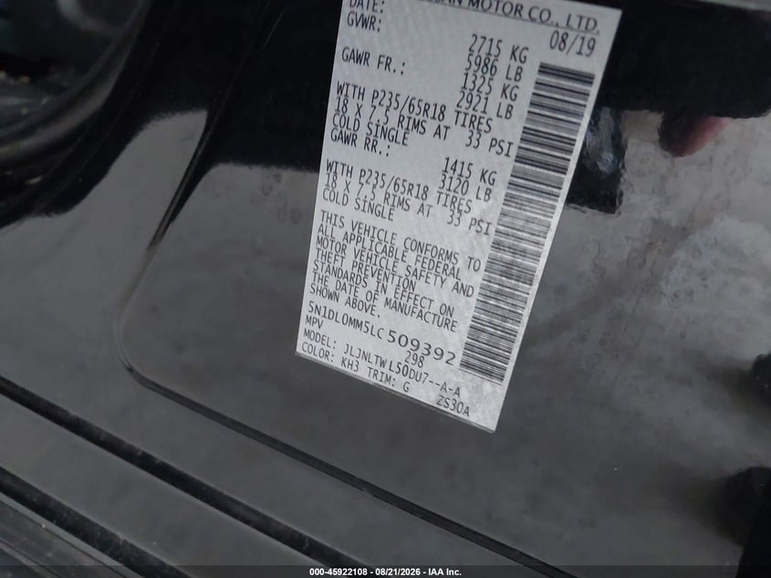 INFINITI QX60 2020 VIN 5N1DL0MM5LC509392