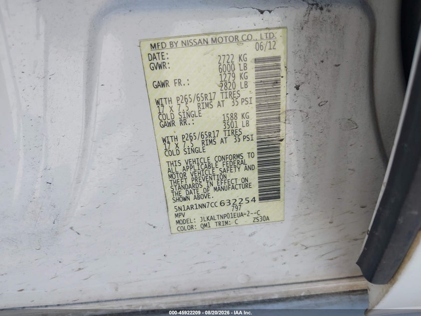NISSAN PATHFINDER 2012 VIN 5N1AR1NN7CC632254