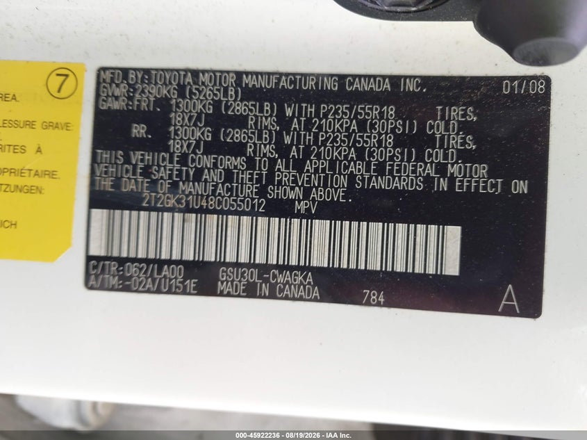 LEXUS RX 350 2008 VIN 2T2GK31U48C055012