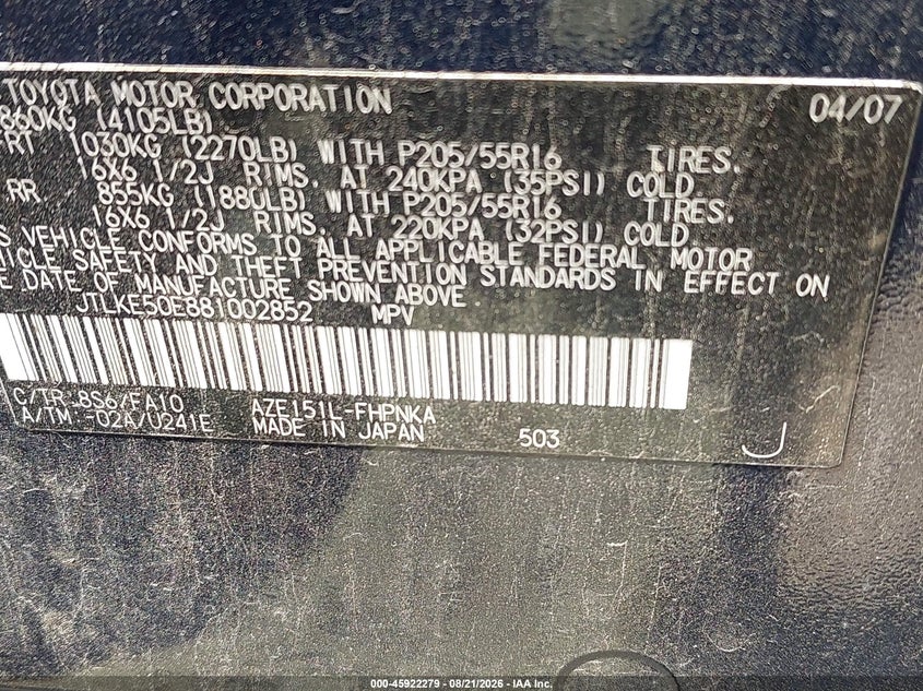 SCION XB 2008 VIN JTLKE50E881002852