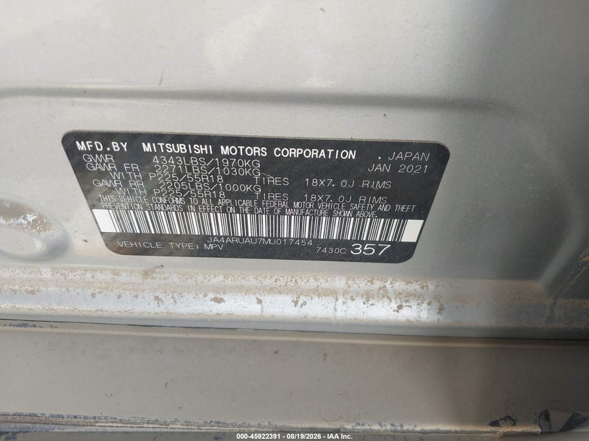 MITSUBISHI OUTLANDER SPORT 2021 VIN JA4ARUAU7MU017454
