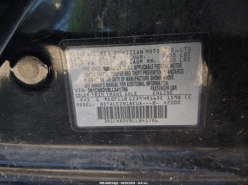 NISSAN VERSA 2020 VIN 3N1CN8DV8LL841786