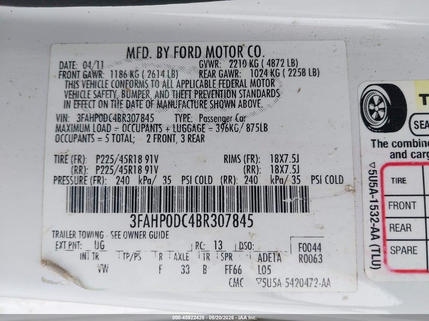 2011 FORD FUSION SEDAN 3.5L V-6 DOHC, VVT, 263HP