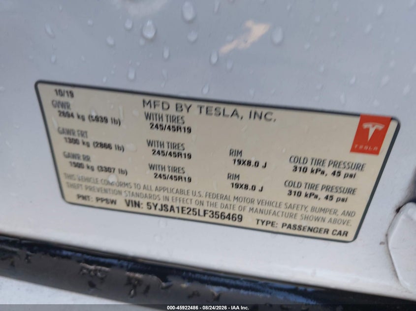 TESLA MODEL S 2020 VIN 5YJSA1E25LF356469