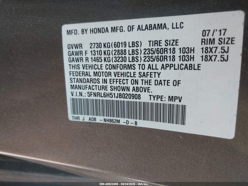 HONDA ODYSSEY 2018 VIN 5FNRL6H51JB020908