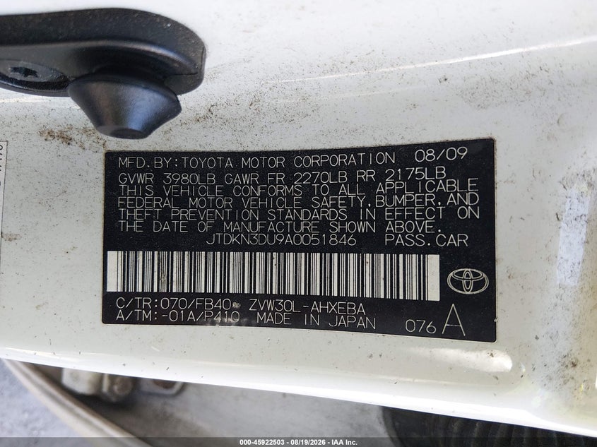 TOYOTA PRIUS 2010 VIN JTDKN3DU9A0051846