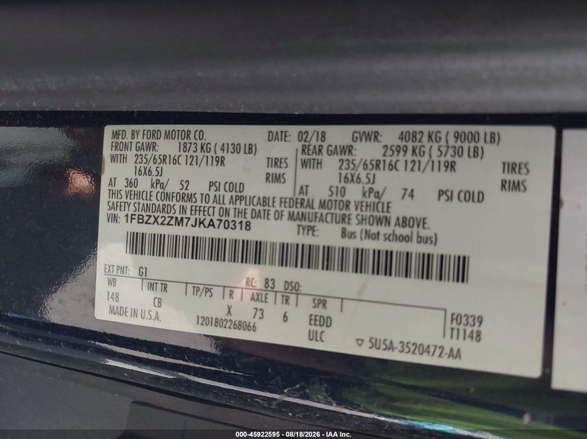 FORD TRANSIT-350 2018 VIN 1FBZX2ZM7JKA70318