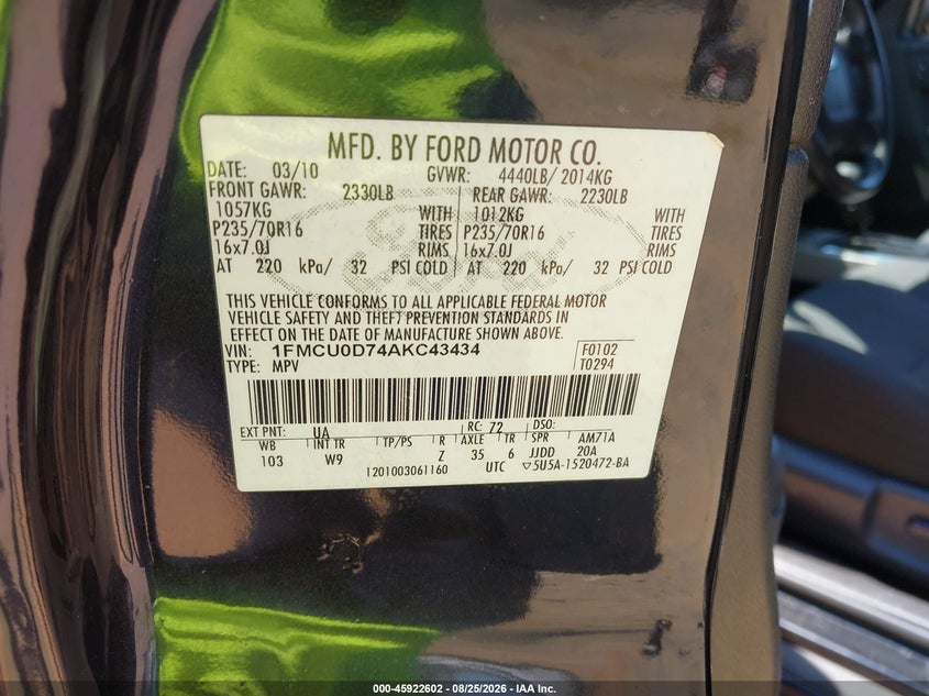 2010 FORD ESCAPE SPORT UTILITY VEHICLE 2.5L I-4 DOHC, VVT, 171HP