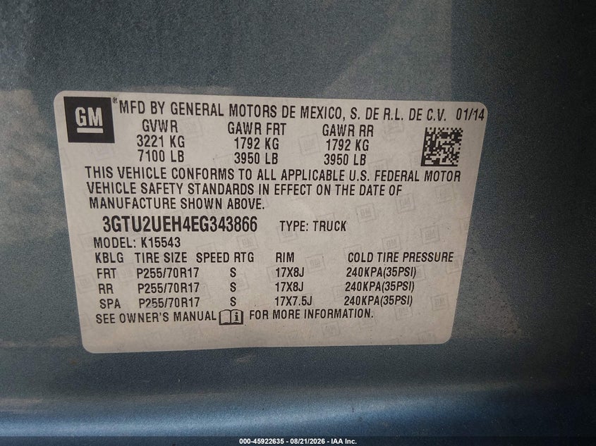 GMC SIERRA 1500 2014 VIN 3GTU2UEH4EG343866