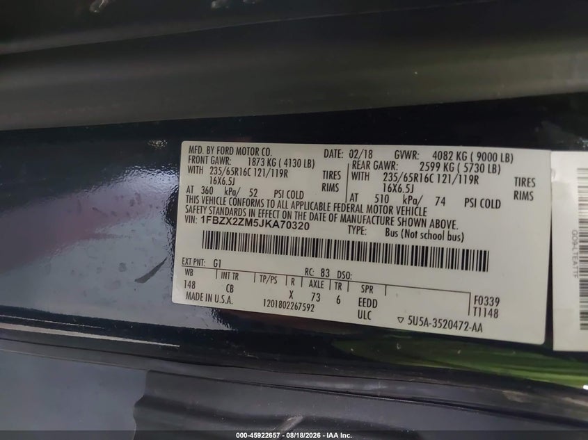 FORD TRANSIT-350 2018 VIN 1FBZX2ZM5JKA70320