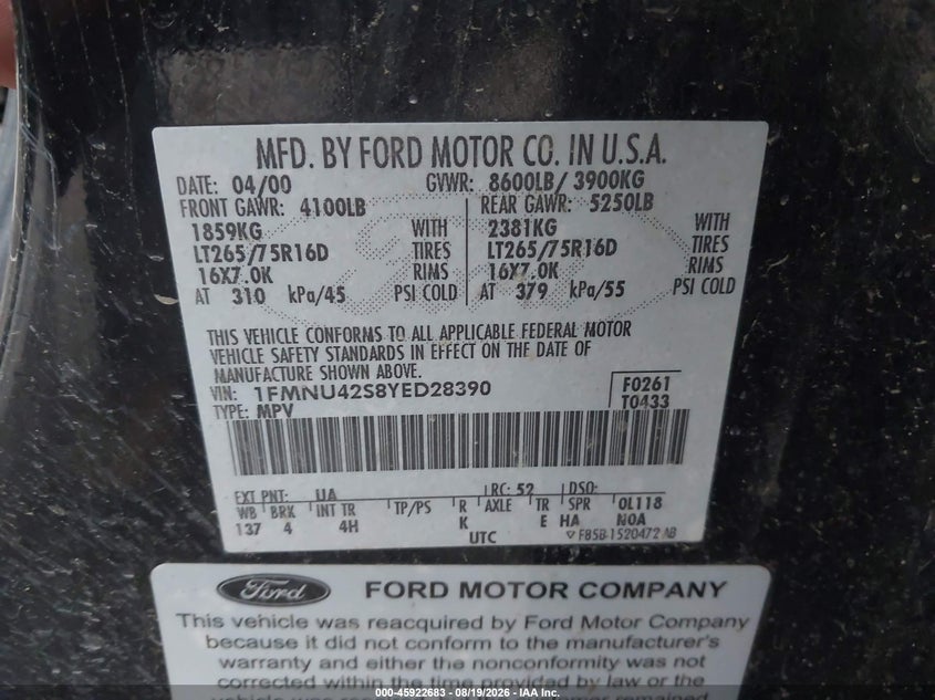 FORD EXCURSION 2000 VIN 1FMNU42S8YED28390