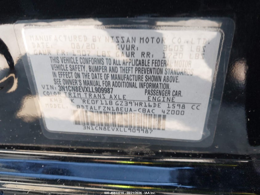 NISSAN VERSA 2020 VIN 3N1CN8EVXLL909987