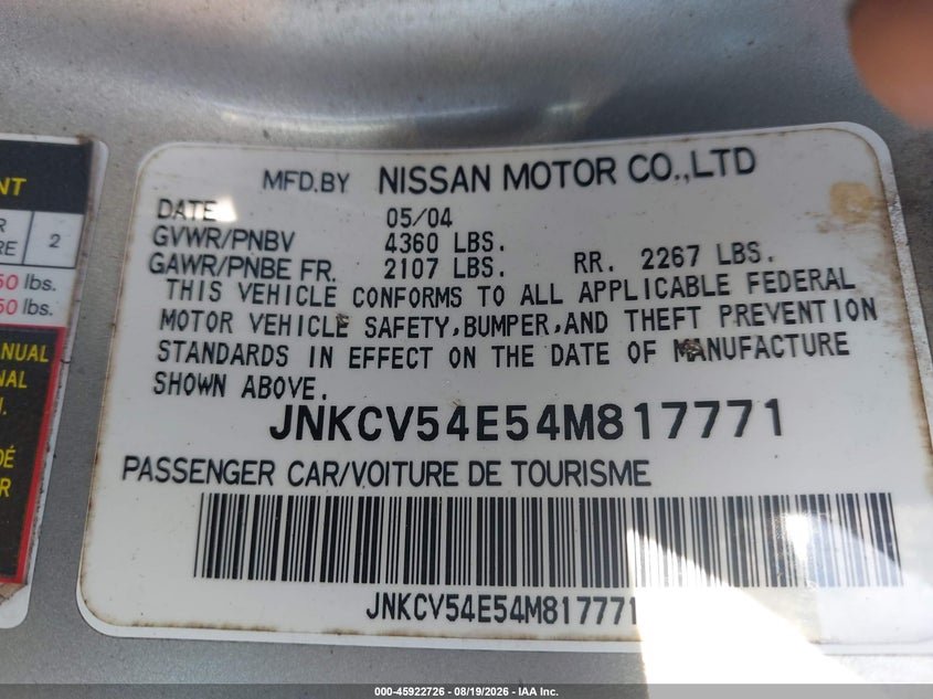 INFINITI G35 2004 VIN JNKCV54E54M817771