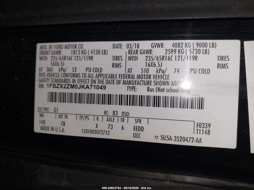 2018 FORD TRANSIT WAGON 3.7L V-6 DOHC, VVT, 275HP