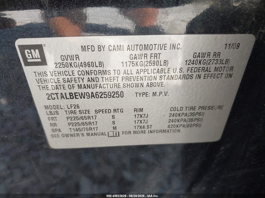2010 GMC TERRAIN SPORT UTILITY VEHICLE 2.4L I-4 DI, DOHC, VVT, 182HP