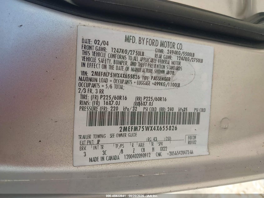 MERCURY GRAND MARQUIS 2004 VIN 2MEFM75WX4X655826