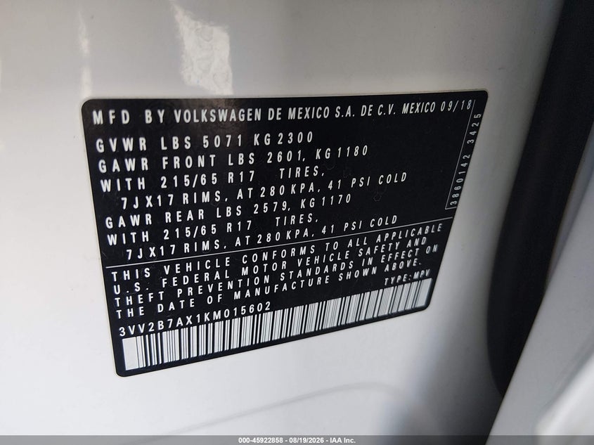 VOLKSWAGEN TIGUAN 2019 VIN 3VV2B7AX1KM015602