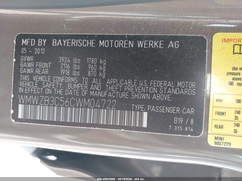 MINI COOPER COUNTRYMAN 2012 VIN WMWZB3C56CWM04722