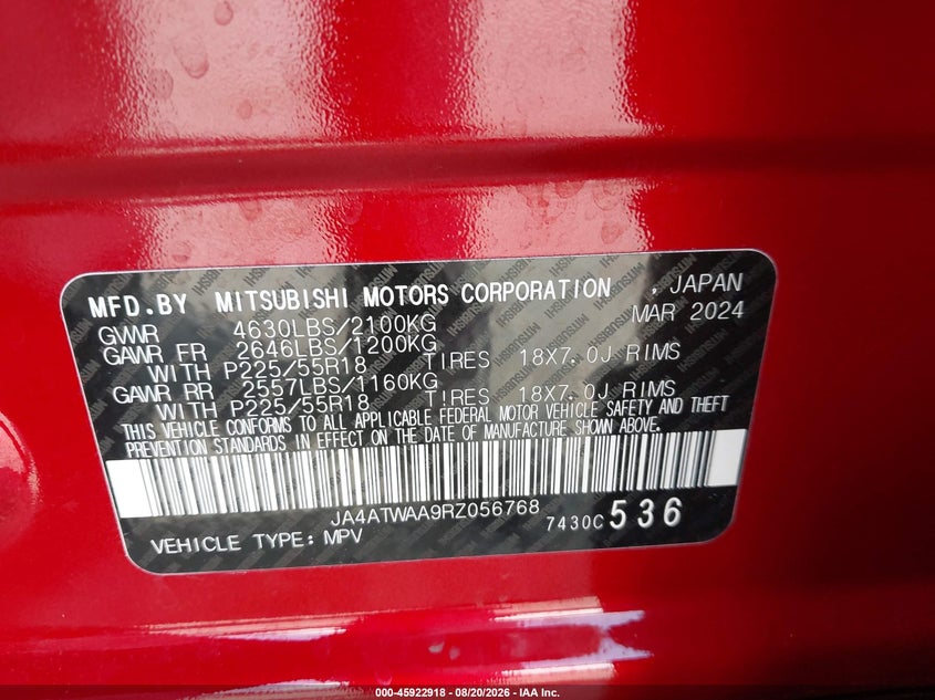 MITSUBISHI ECLIPSE CROSS 2024 VIN JA4ATWAA9RZ056768