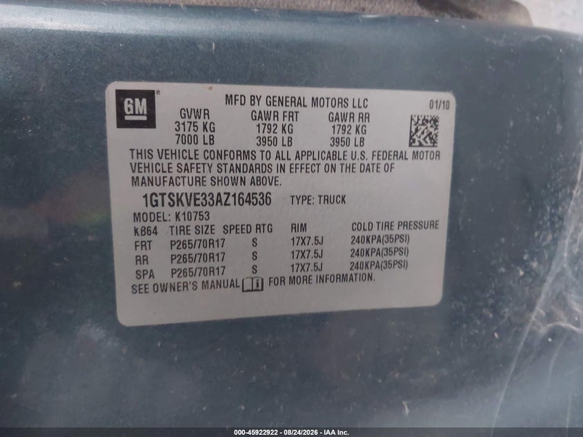 GMC SIERRA 1500 2010 VIN 1GTSKVE33AZ164536