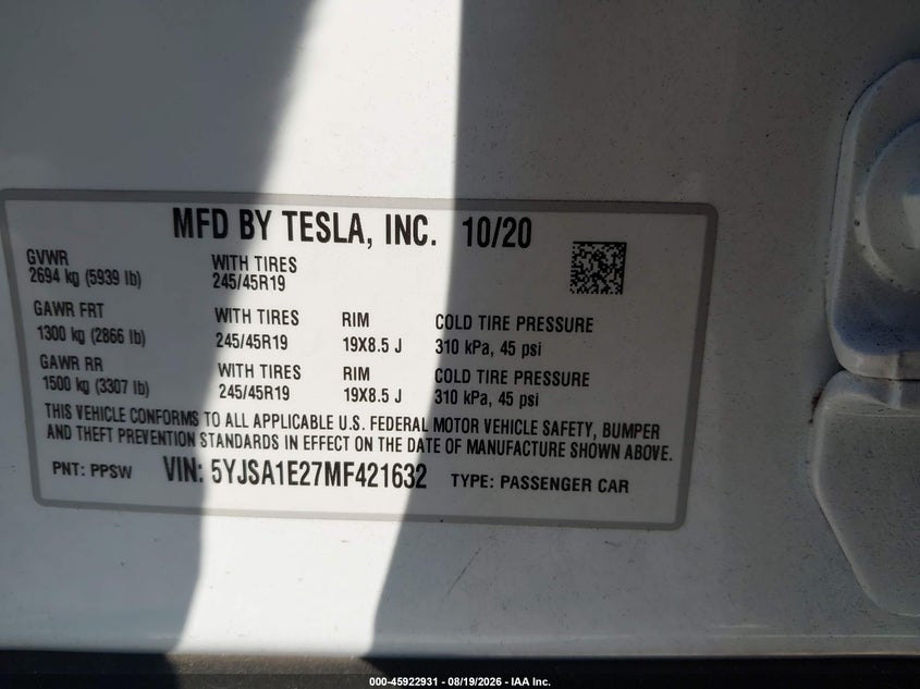 TESLA MODEL S 2021 VIN 5YJSA1E27MF421632