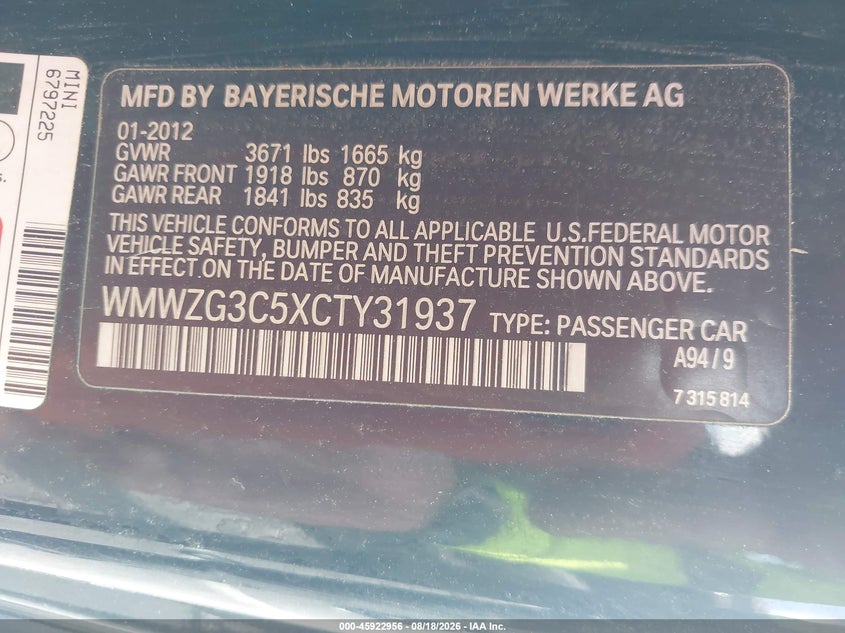 MINI COOPER S CLUBMAN 2012 VIN WMWZG3C5XCTY31937
