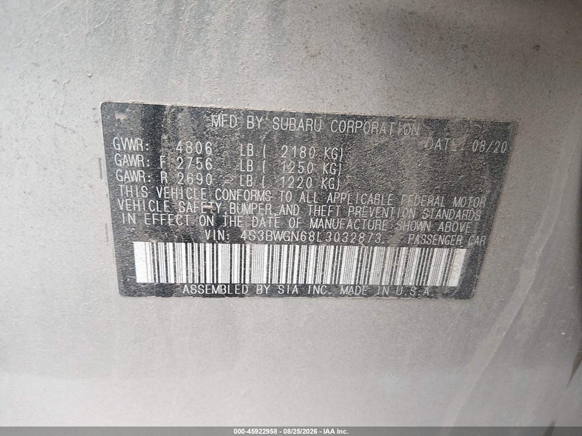 SUBARU LEGACY 2020 VIN 4S3BWGN68L3032873