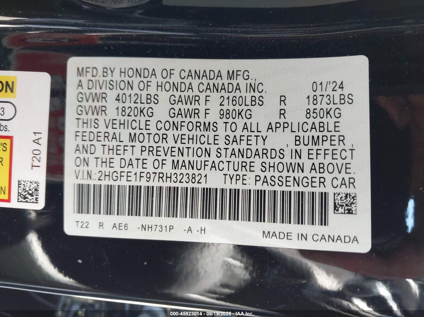 HONDA CIVIC 2024 VIN 2HGFE1F97RH323821
