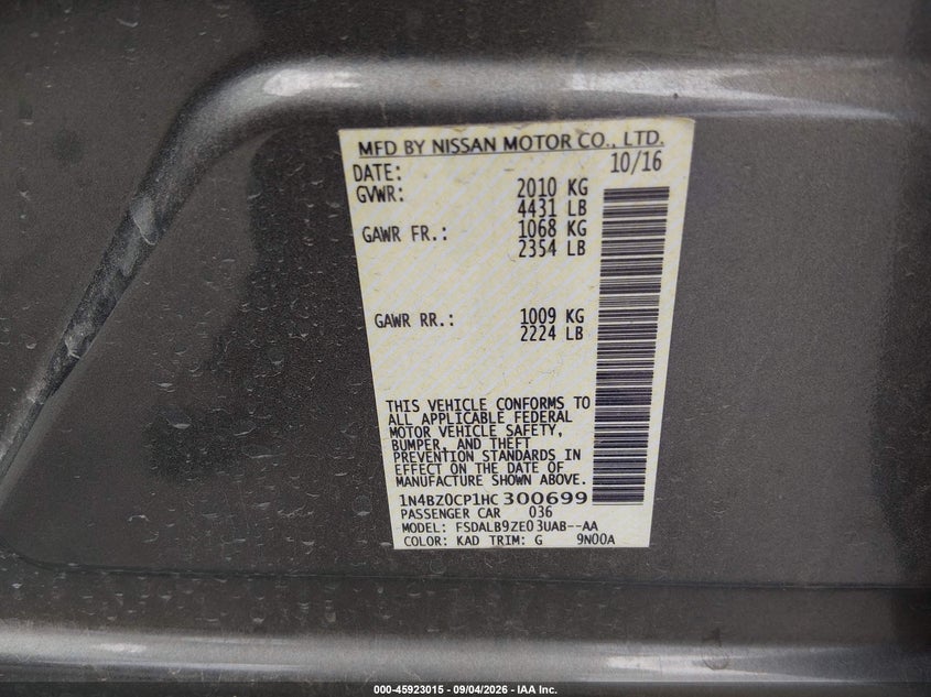 NISSAN LEAF 2017 VIN 1N4BZ0CP1HC300699
