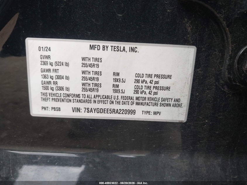 TESLA MODEL Y 2024 VIN 7SAYGDEE5RA220999