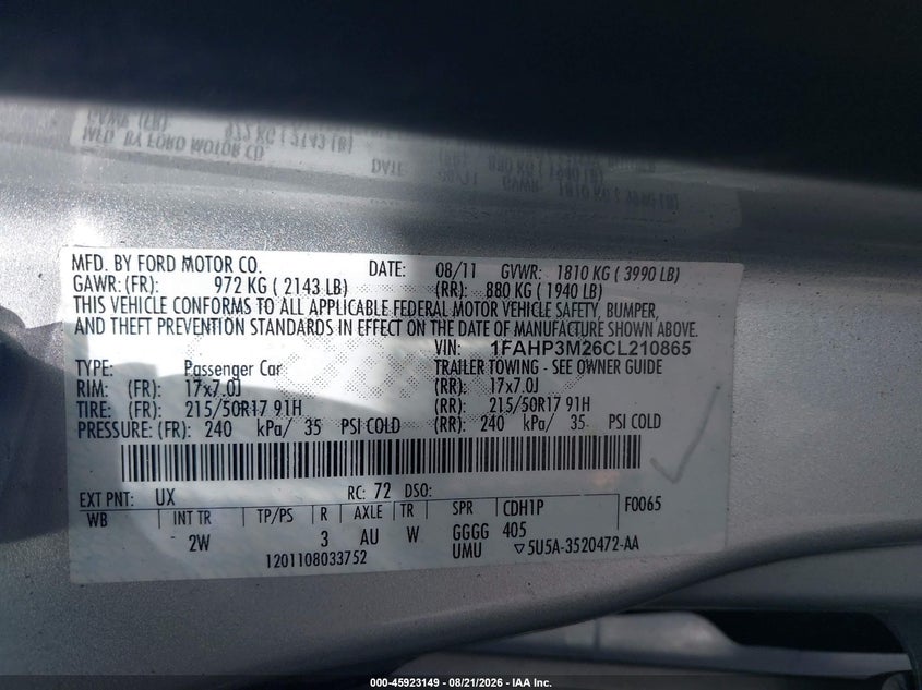 FORD FOCUS 2012 VIN 1FAHP3M26CL210865