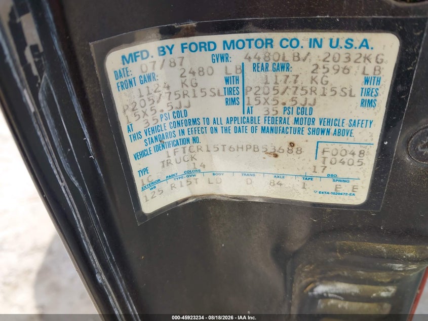 FORD RANGER 1987 VIN 1FTCR15T6HPB53688