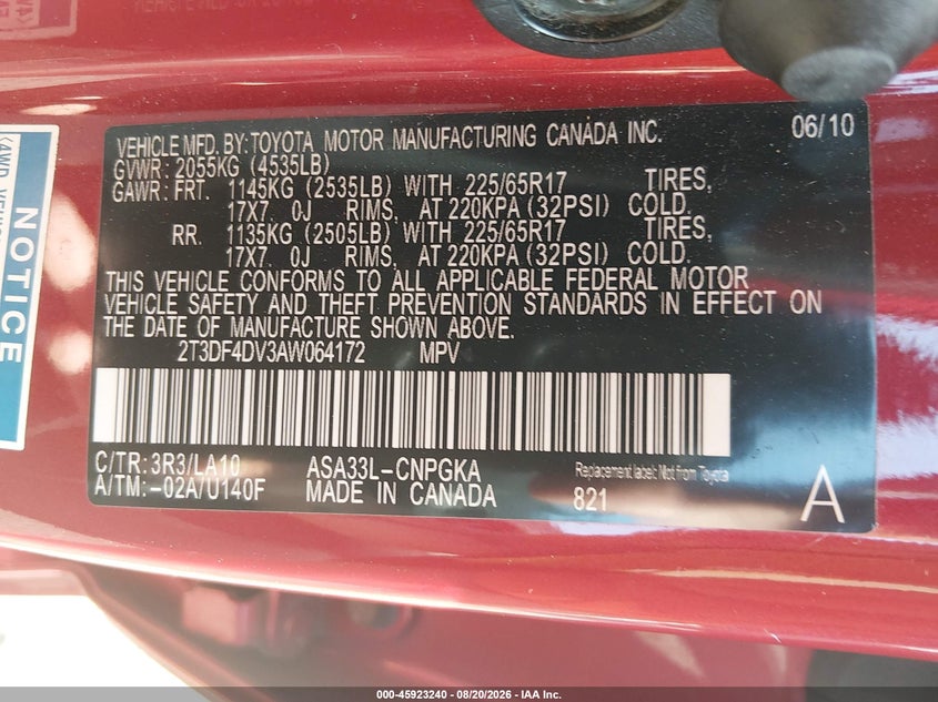 TOYOTA RAV4 2010 VIN 2T3DF4DV3AW064172