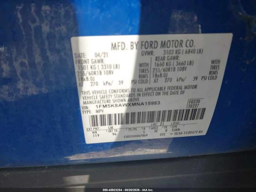FORD POLICE INTERCEPTOR UTILITY 2021 VIN 1FM5K8AWXMNA15983