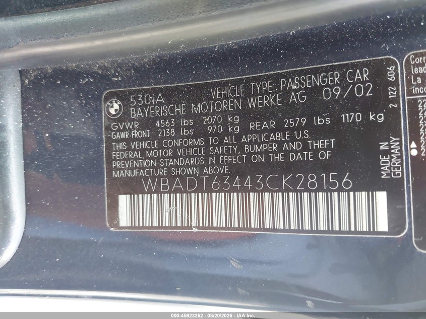 BMW 530IA 2003 VIN WBADT63443CK28156
