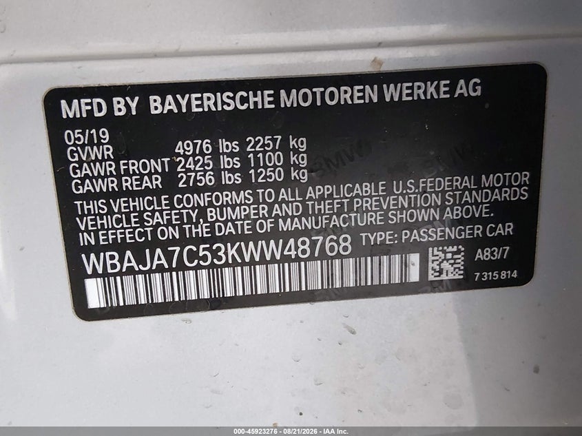 BMW 5 SERIES 2019 VIN WBAJA7C53KWW48768