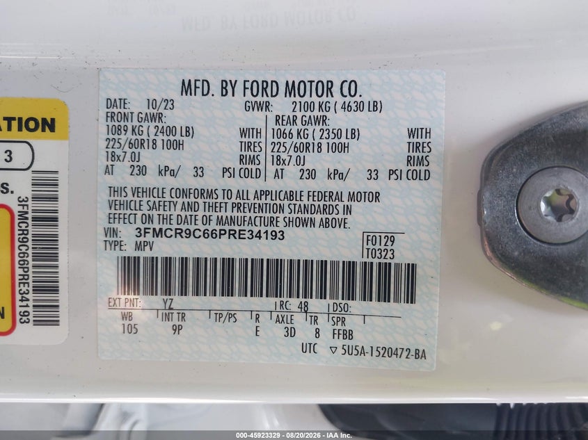 FORD BRONCO SPORT 2023 VIN 3FMCR9C66PRE34193