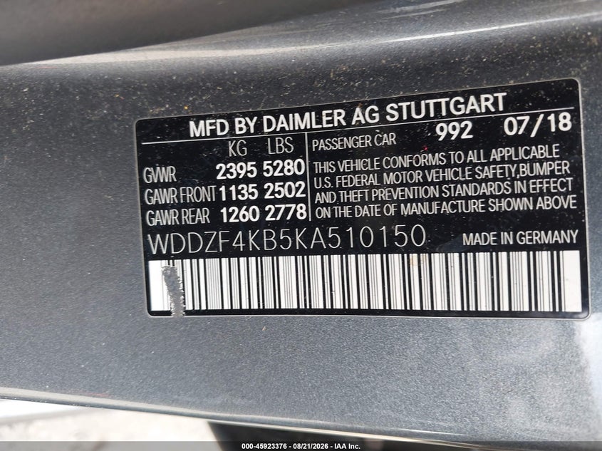 MERCEDES-BENZ E 300 2019 VIN WDDZF4KB5KA510150