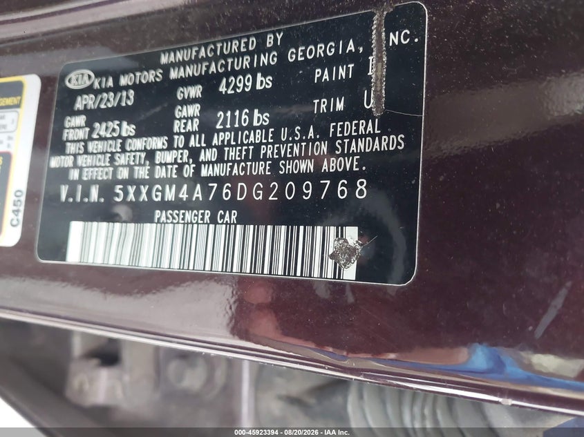 KIA OPTIMA 2013 VIN 5XXGM4A76DG209768