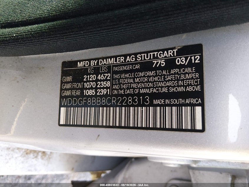 MERCEDES-BENZ C 300 2012 VIN WDDGF8BB8CR228313