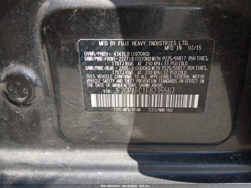 2015 SUBARU XV SPORT UTILITY VEHICLE 2.0L H-4 DOHC, VVT, 148HP