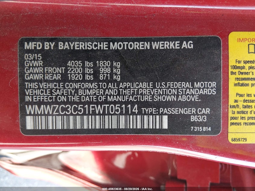 MINI COUNTRYMAN 2015 VIN WMWZC3C51FWT05114